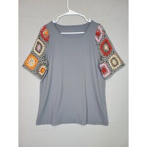 Womens Granny Square Sleeve Casual Shirt Sz Large Gray Multicolor Grannycore